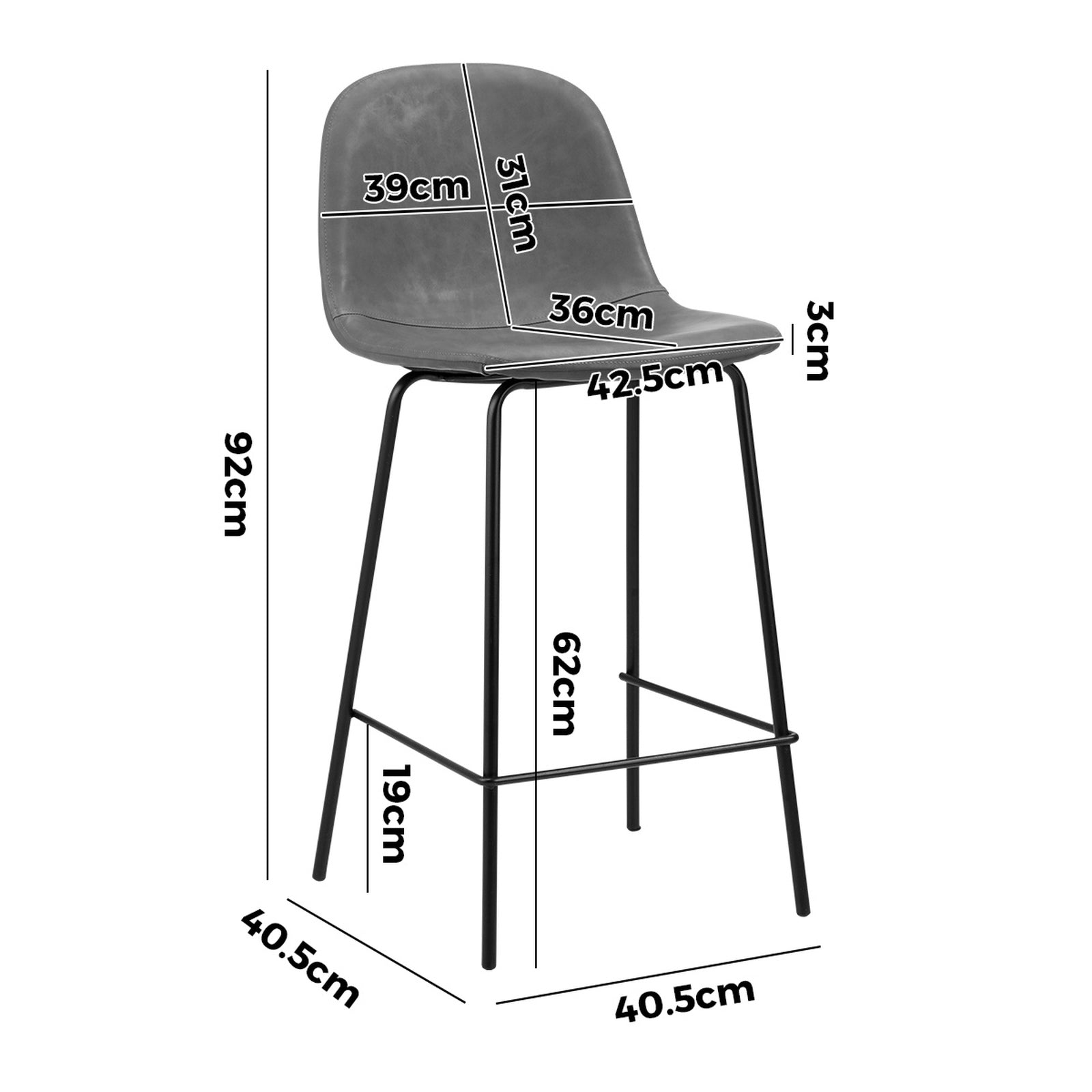 Oikiture 2x Bar Stools Kitchen Dining Chair Counter Stool PU Leather Grey - Sunyee