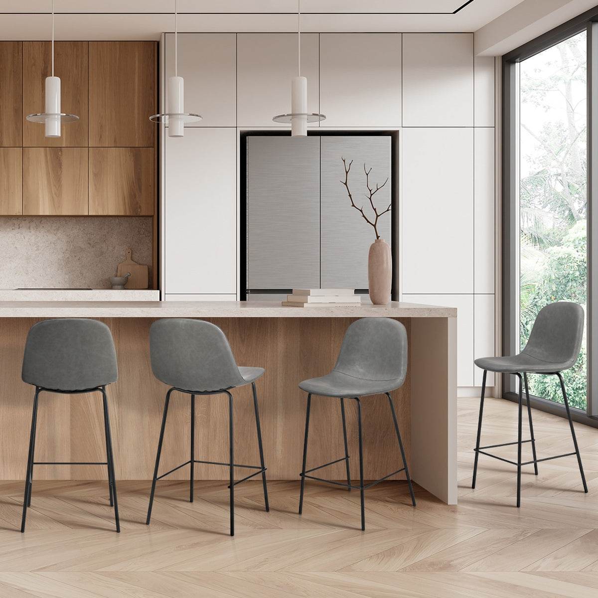 Oikiture 4x Bar Stools Kitchen Dining Chair Counter Stool PU Leather Grey - Sunyee