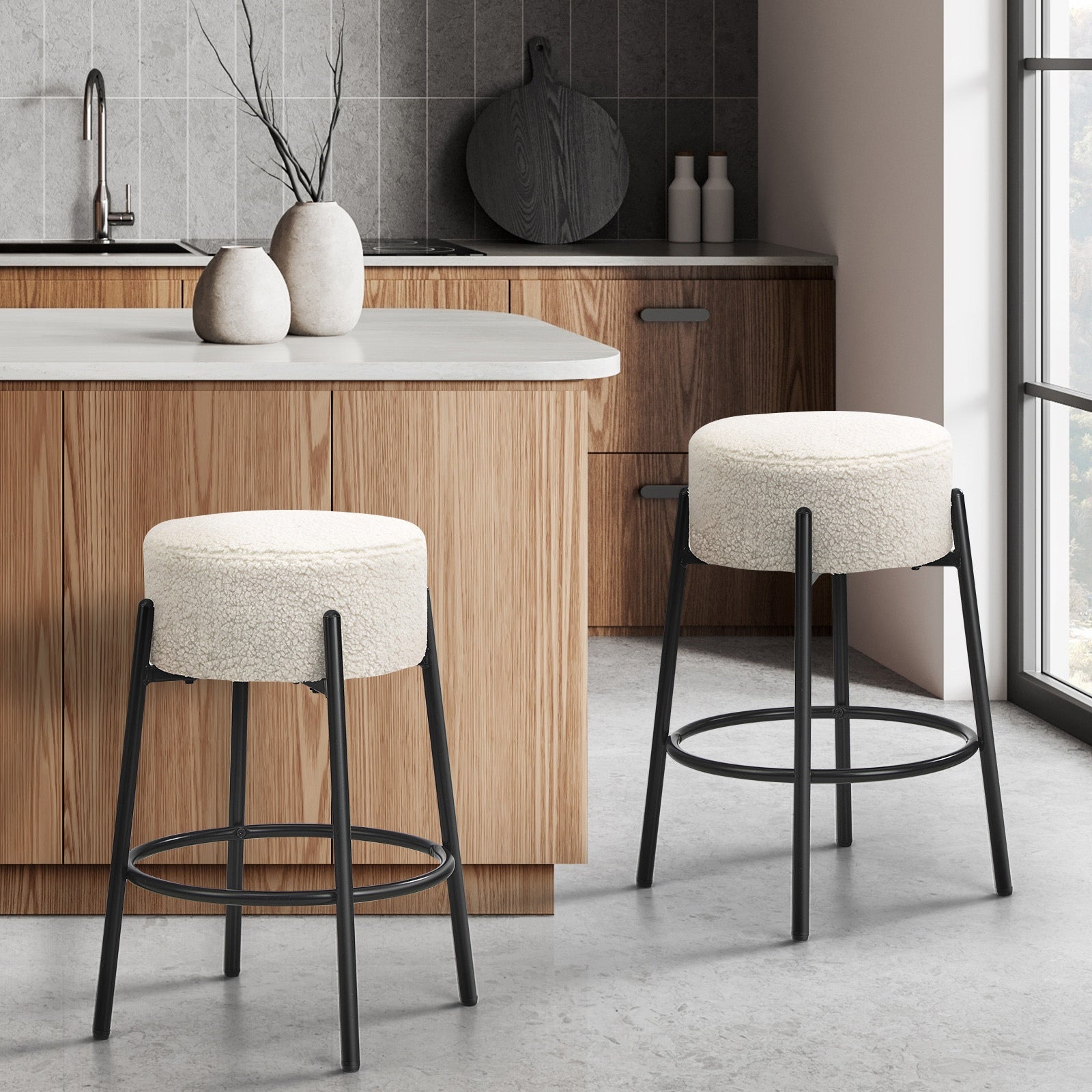 Oikiture 2x Bar Stools Kitchen Dining Chair Round Stool Boucle Fabric White - Sunyee