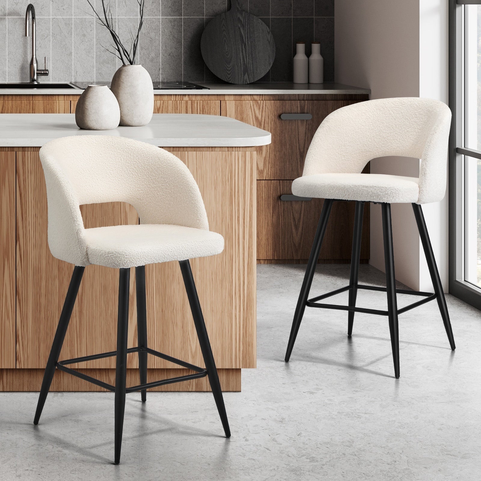 Oikiture 2x Bar Stools Kitchen Dining Chair Padded Chair Boucle White SURA - Sunyee