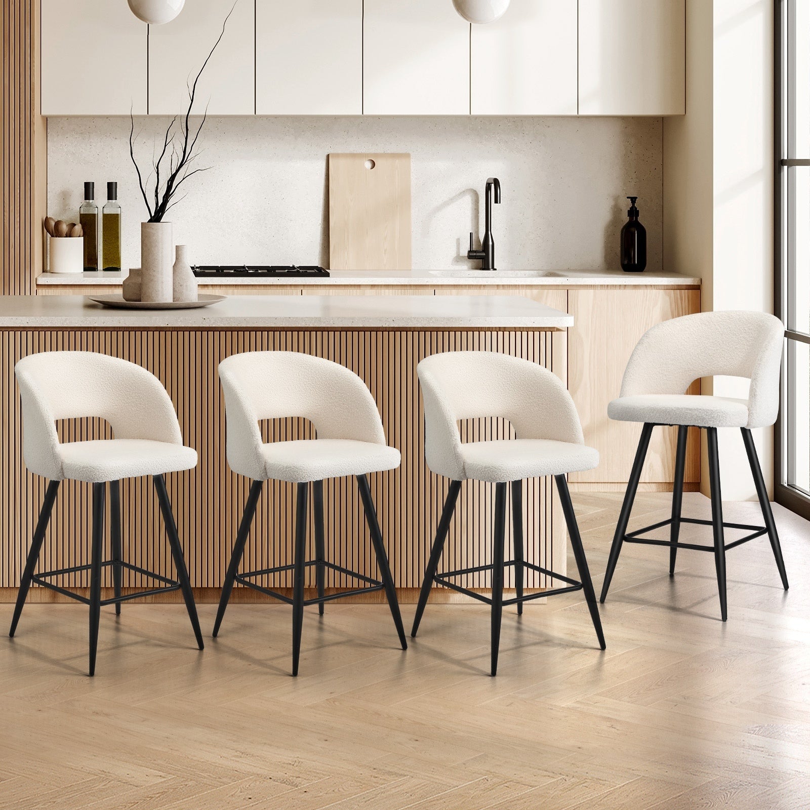 Oikiture 4x Bar Stools Kitchen Dining Chair Padded Chair Boucle White SURA