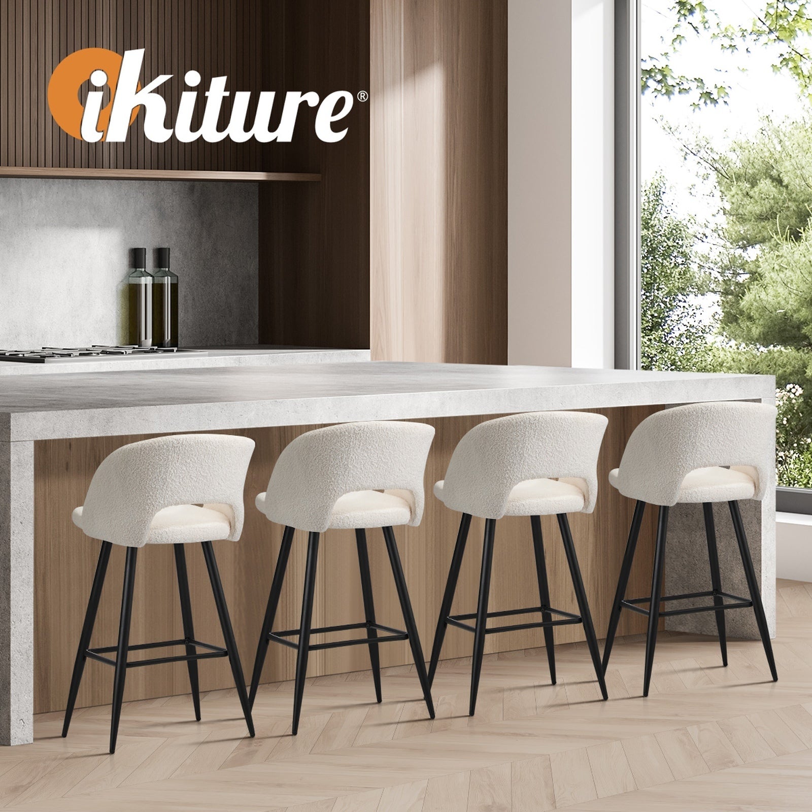 Oikiture 4x Bar Stools Kitchen Dining Chair Padded Chair Boucle White SURA