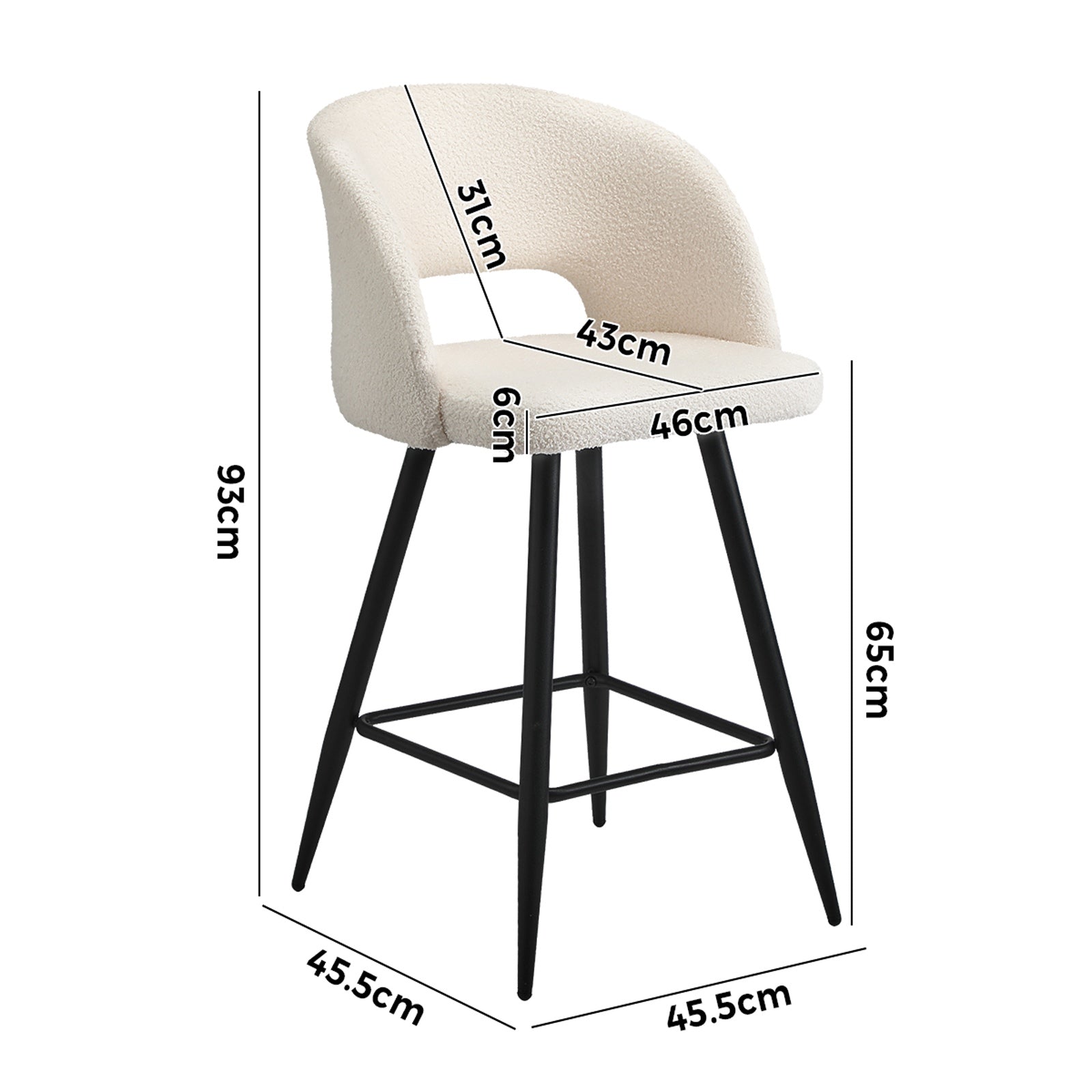 Oikiture 4x Bar Stools Kitchen Dining Chair Padded Chair Boucle White SURA