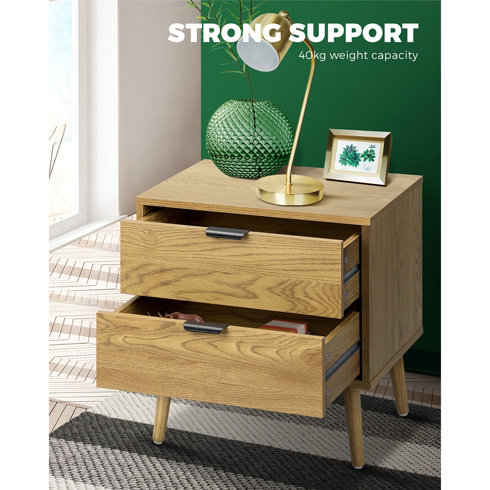 Oikiture Bedside Tables Side Table 2 Drawers Bedroom Furniture Storage Cabinet - Sunyee