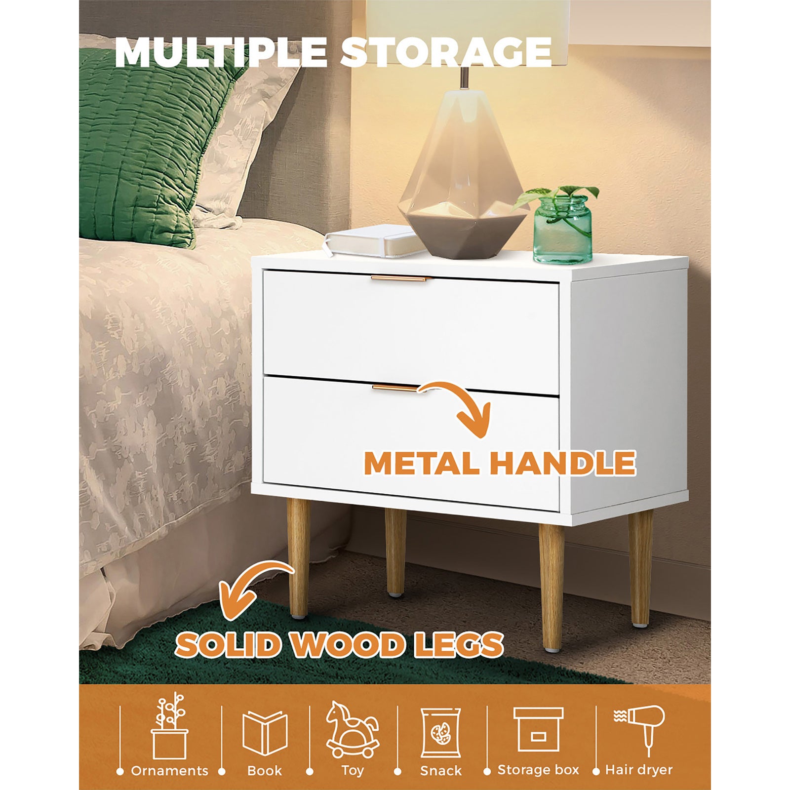 Oikiture Bedside Tables Side Table 2 Drawers Bedroom Furniture Storage Cabinet - Sunyee