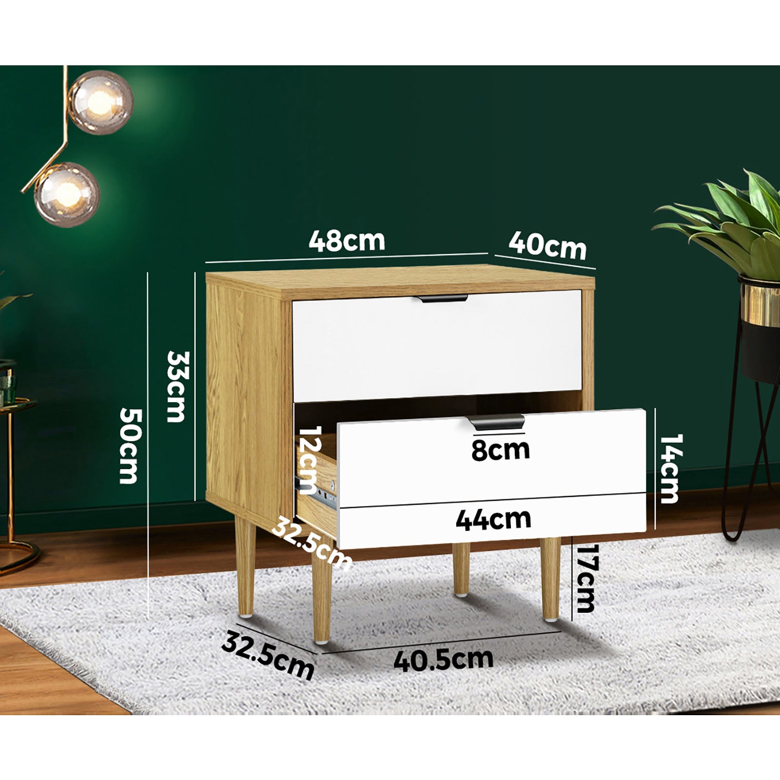 Oikiture Bedside Tables Side Table 2 Drawers Bedroom Furniture Storage Cabinet - Sunyee