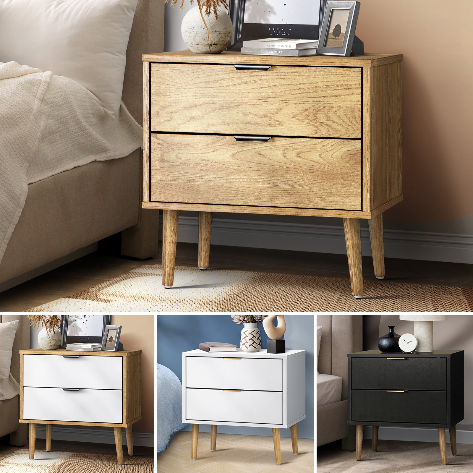 Oikiture Bedside Tables Side Table 2 Drawers Bedroom Furniture Storage Cabinet - Sunyee