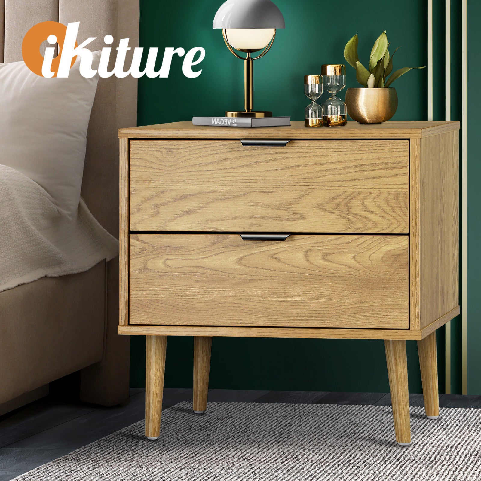 Oikiture Bedside Tables Side Table 2 Drawers Bedroom Furniture Storage Cabinet - Sunyee