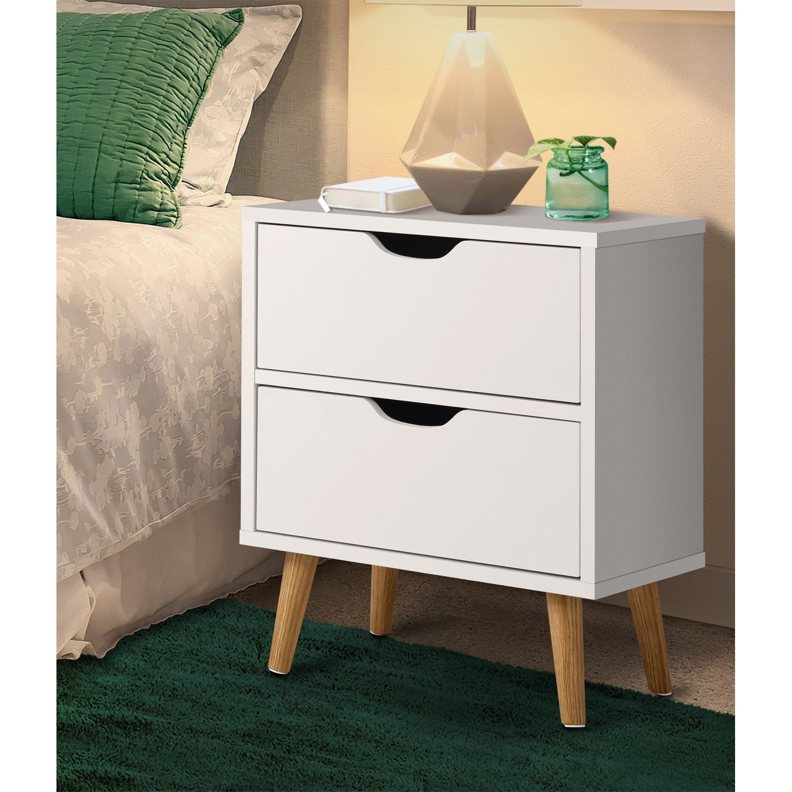 Oikiture Bedside Tables 2 Drawers Side Table Nightstand Storage Cabinet White - Sunyee
