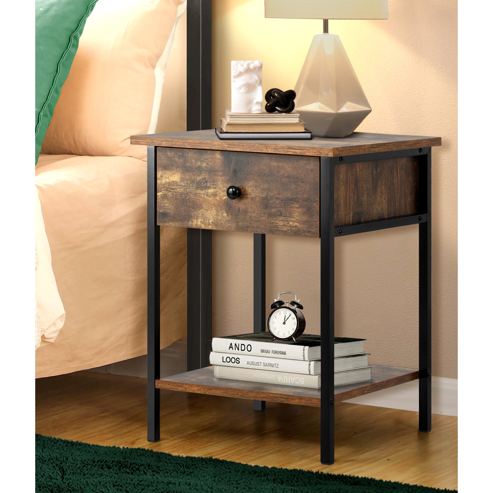 Oikiture Bedside Tables Side Table Drawer Nightstand Storage Cabinet Shelf Wood - Sunyee