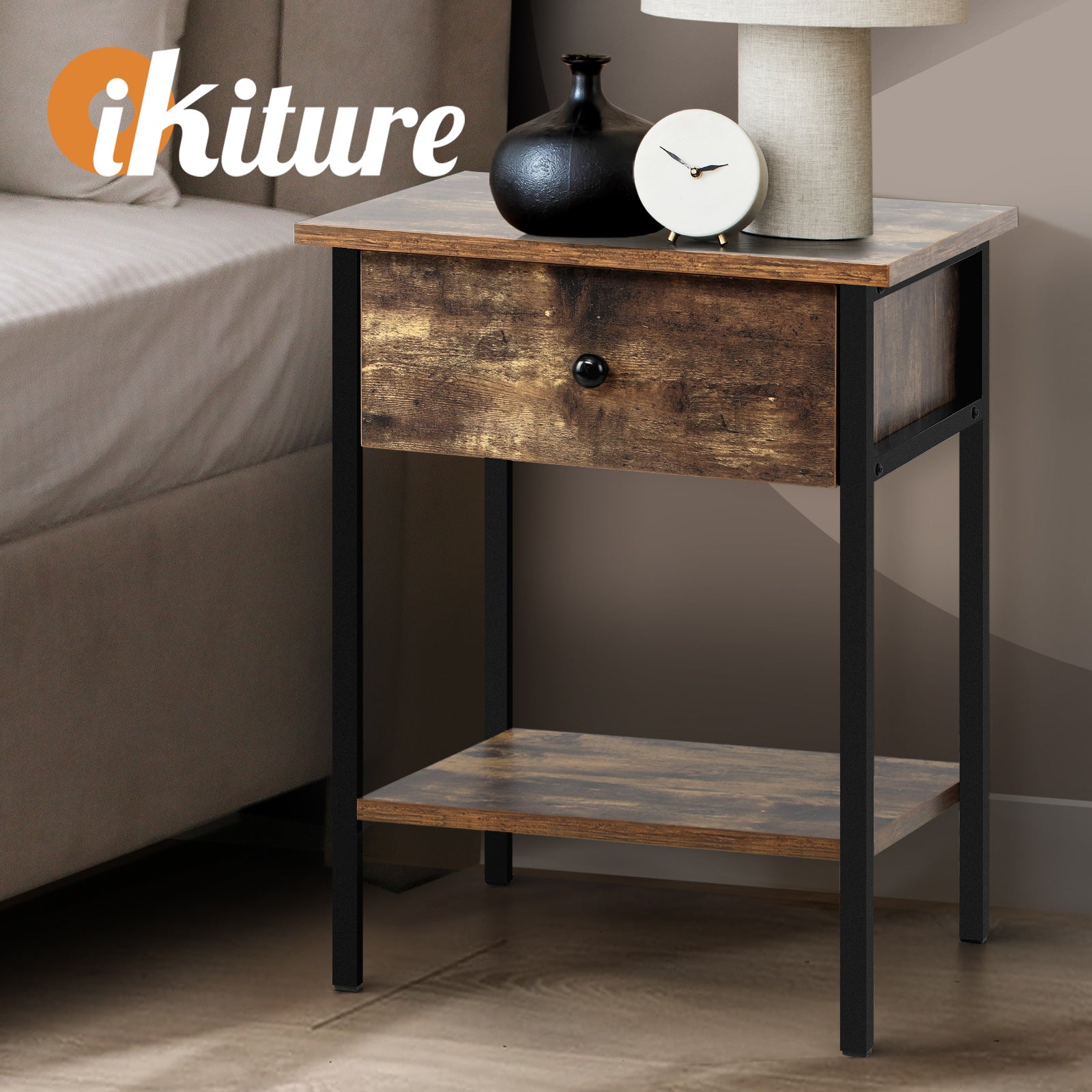 Oikiture Bedside Tables Side Table Drawer Nightstand Storage Cabinet Shelf Wood - Sunyee