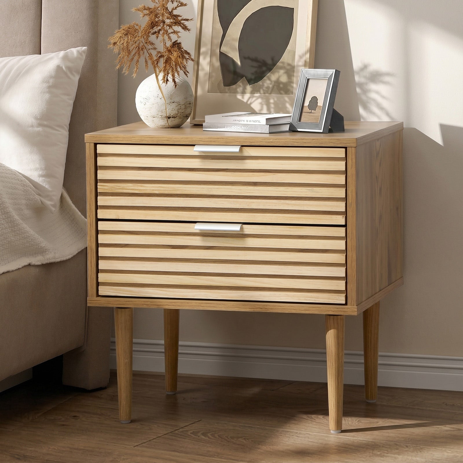 Oikiture Bedside Table 2 Drawers Side Table Cabinet Metal Handle Natural