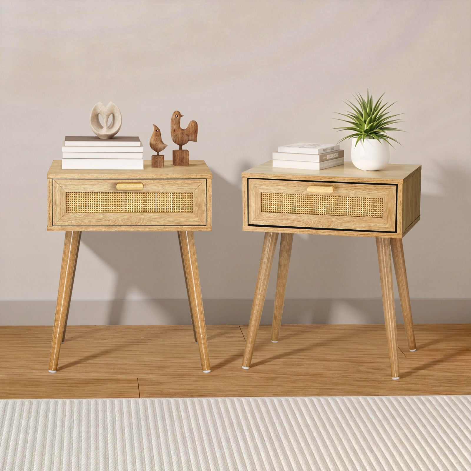 Oikiture Bedside Tables Set of 2 Side Table Storage Cabinet Nightstand Rattan - Sunyee