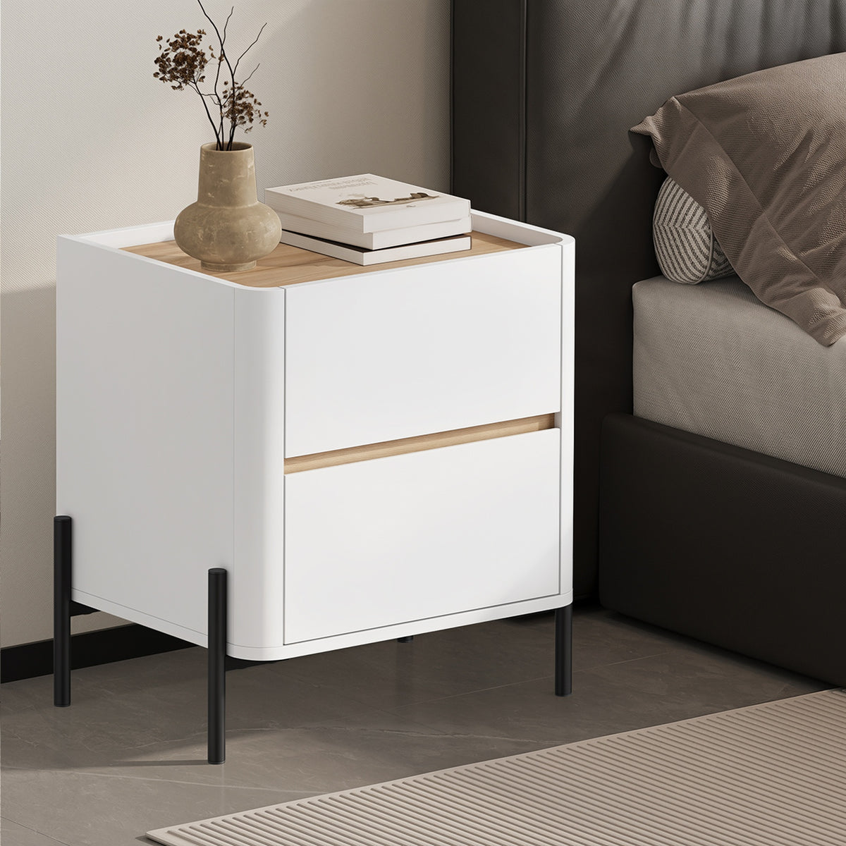 Oikiture Bedside Table 2 Drawer Nightstand Side Cabinet Handle-Free White