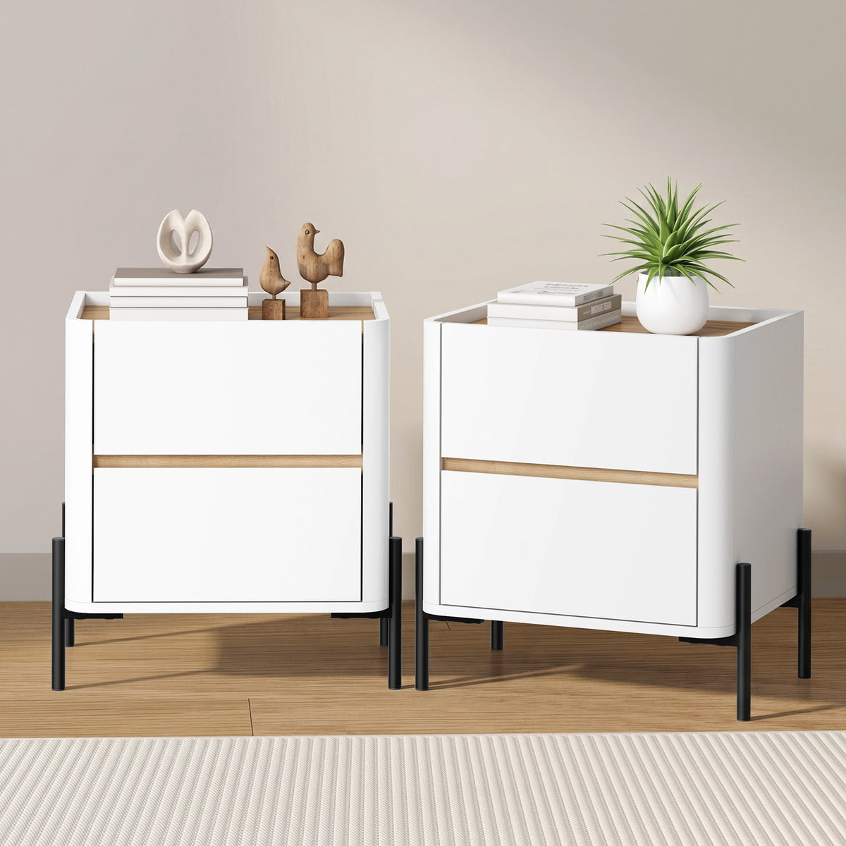 Oikiture 2pc Bedside Table 2 Drawer Nightstand Side Cabinet Handle-Free White