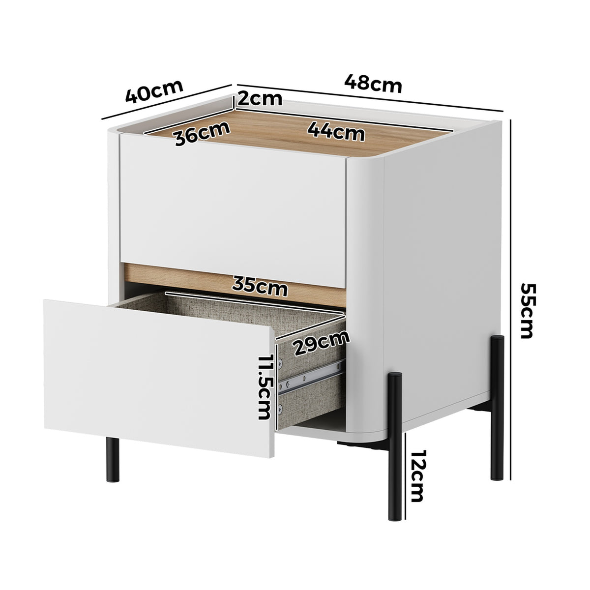 Oikiture 2pc Bedside Table 2 Drawer Nightstand Side Cabinet Handle-Free White