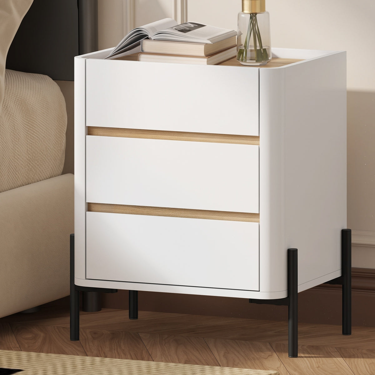 Oikiture Bedside Table 3 Drawer Nightstand Side Cabinet Handle-Free White