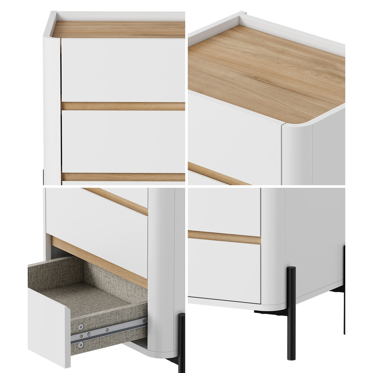 Oikiture Bedside Table 3 Drawer Nightstand Side Cabinet Handle-Free White