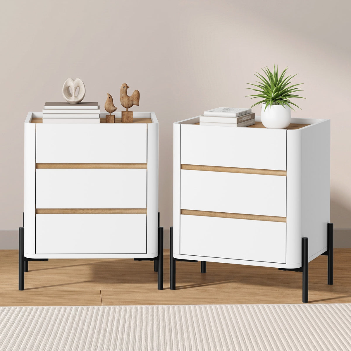 Oikiture 2pc Bedside Table 3 Drawer Nightstand Side Cabinet Handle-Free White