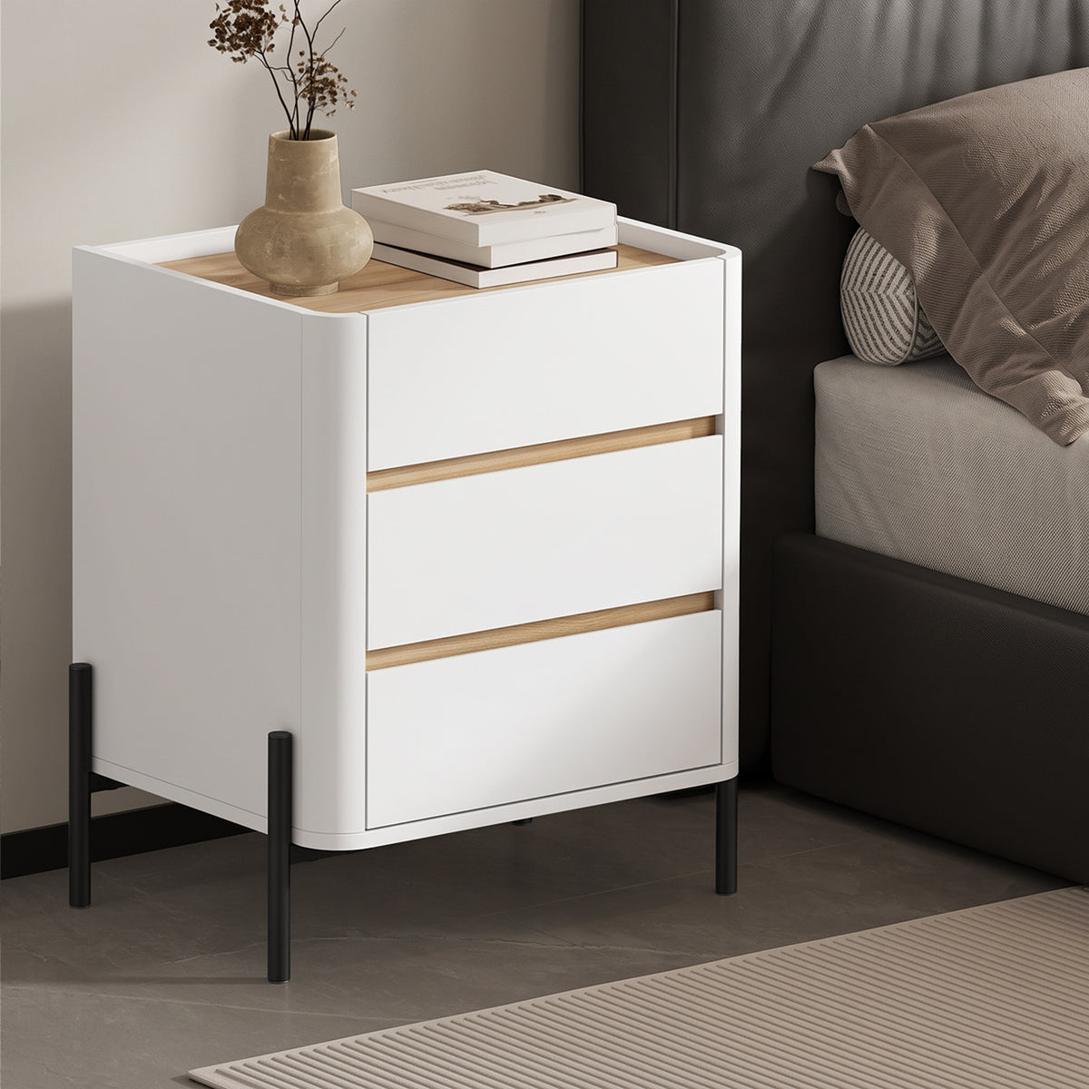 Oikiture 2pc Bedside Table 3 Drawer Nightstand Side Cabinet Handle-Free White