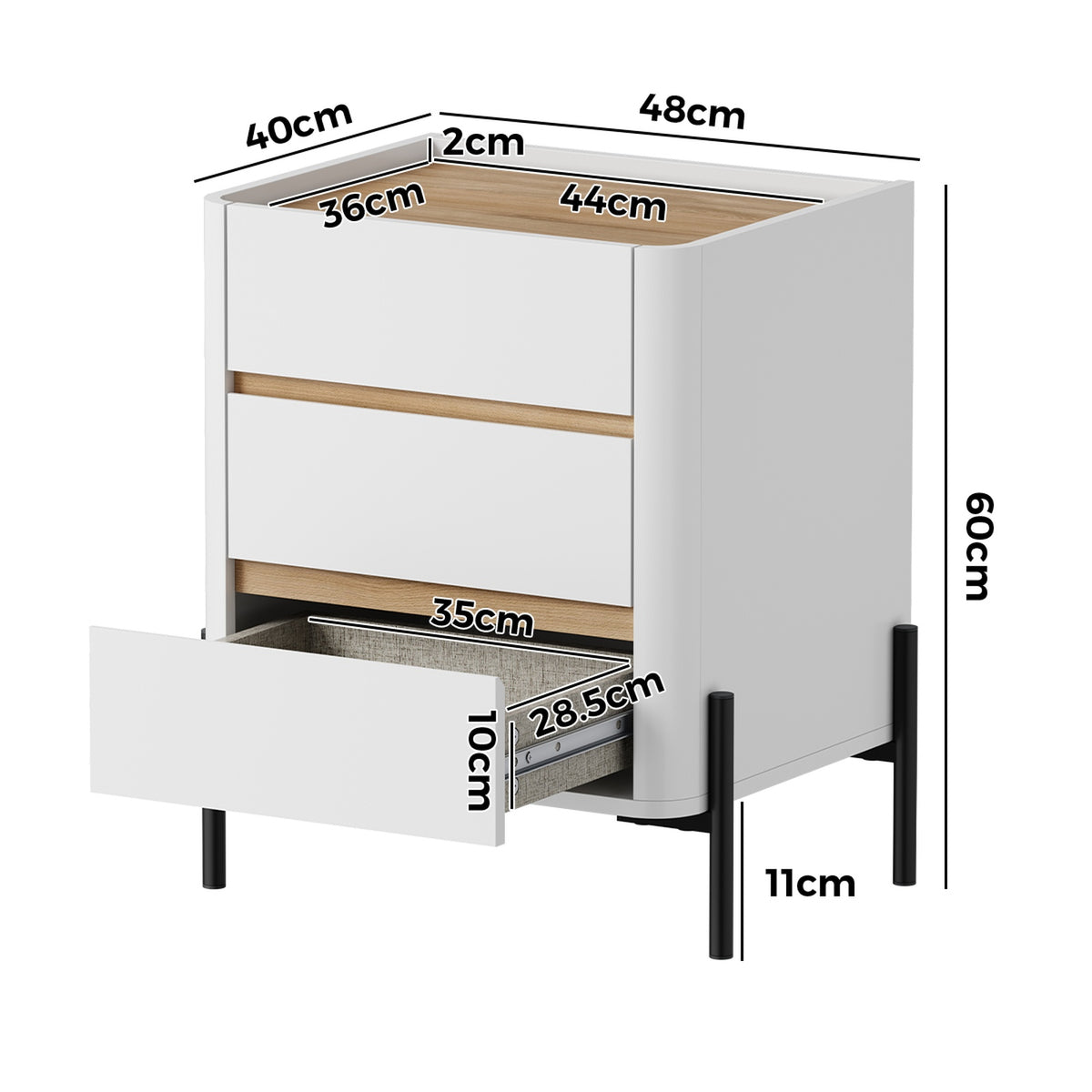 Oikiture 2pc Bedside Table 3 Drawer Nightstand Side Cabinet Handle-Free White