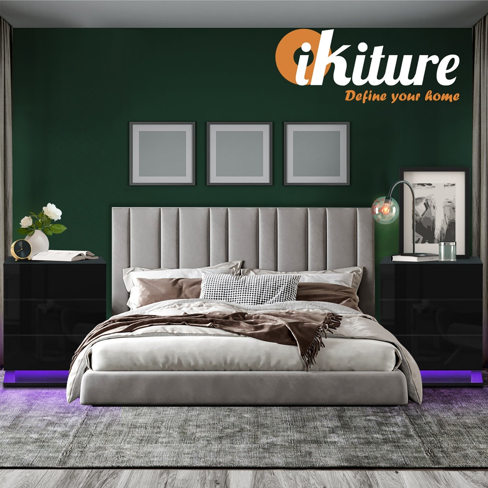Oikiture Bedside Tables Set of 2 LED Nightstand Cabinet 3 Drawers Side Table - Sunyee