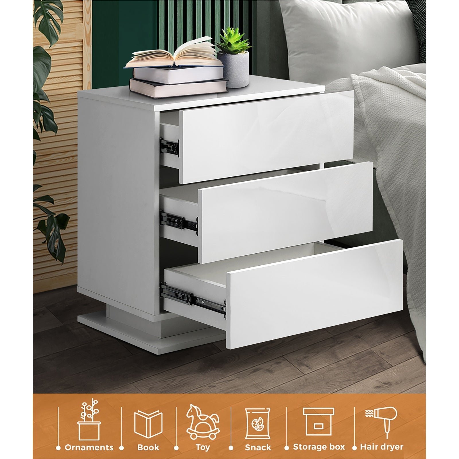 Oikiture Bedside Tables Set of 2 LED Side Table Nightstand Cabinet 3 Drawers - Sunyee