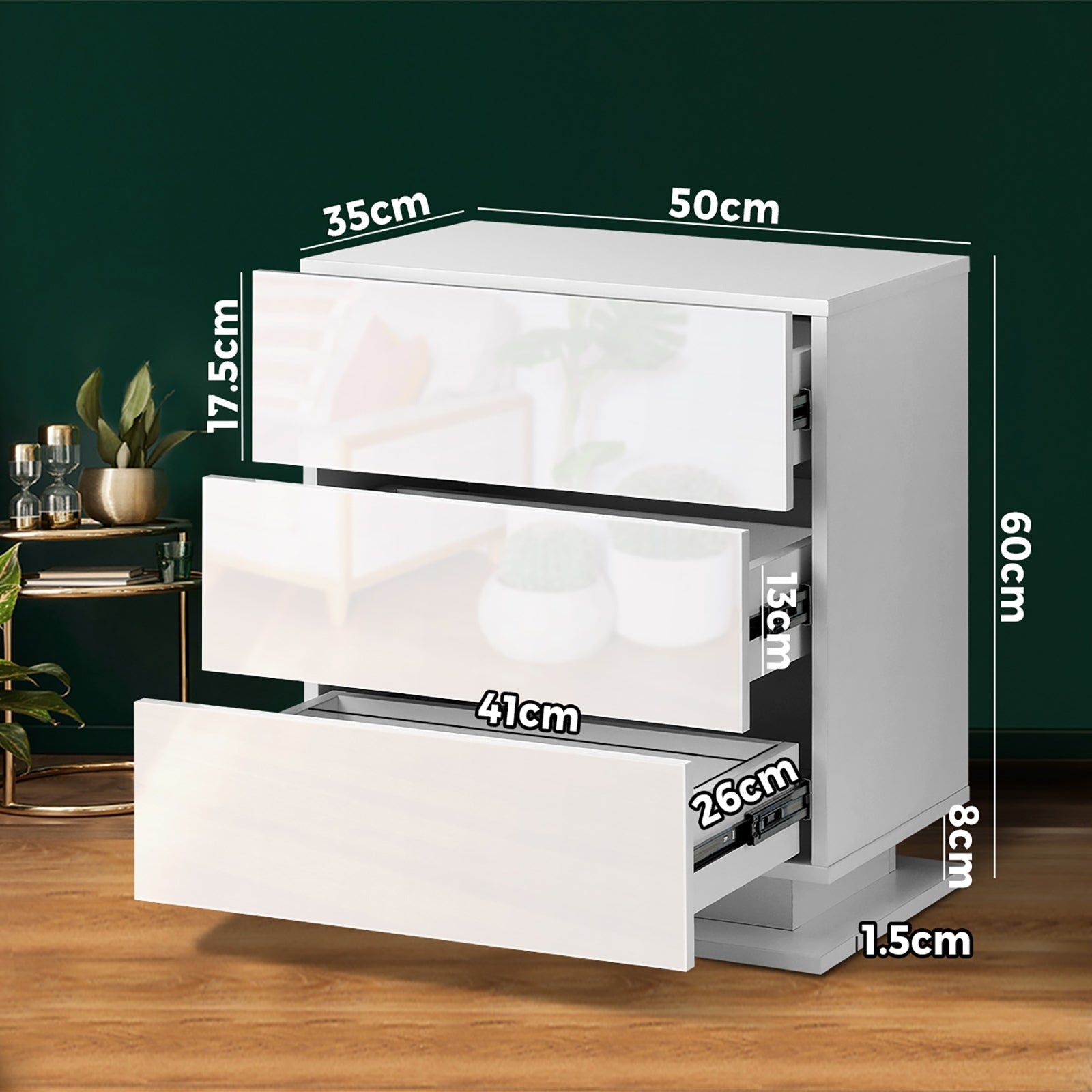 Oikiture Bedside Tables Set of 2 LED Side Table Nightstand Cabinet 3 Drawers - Sunyee