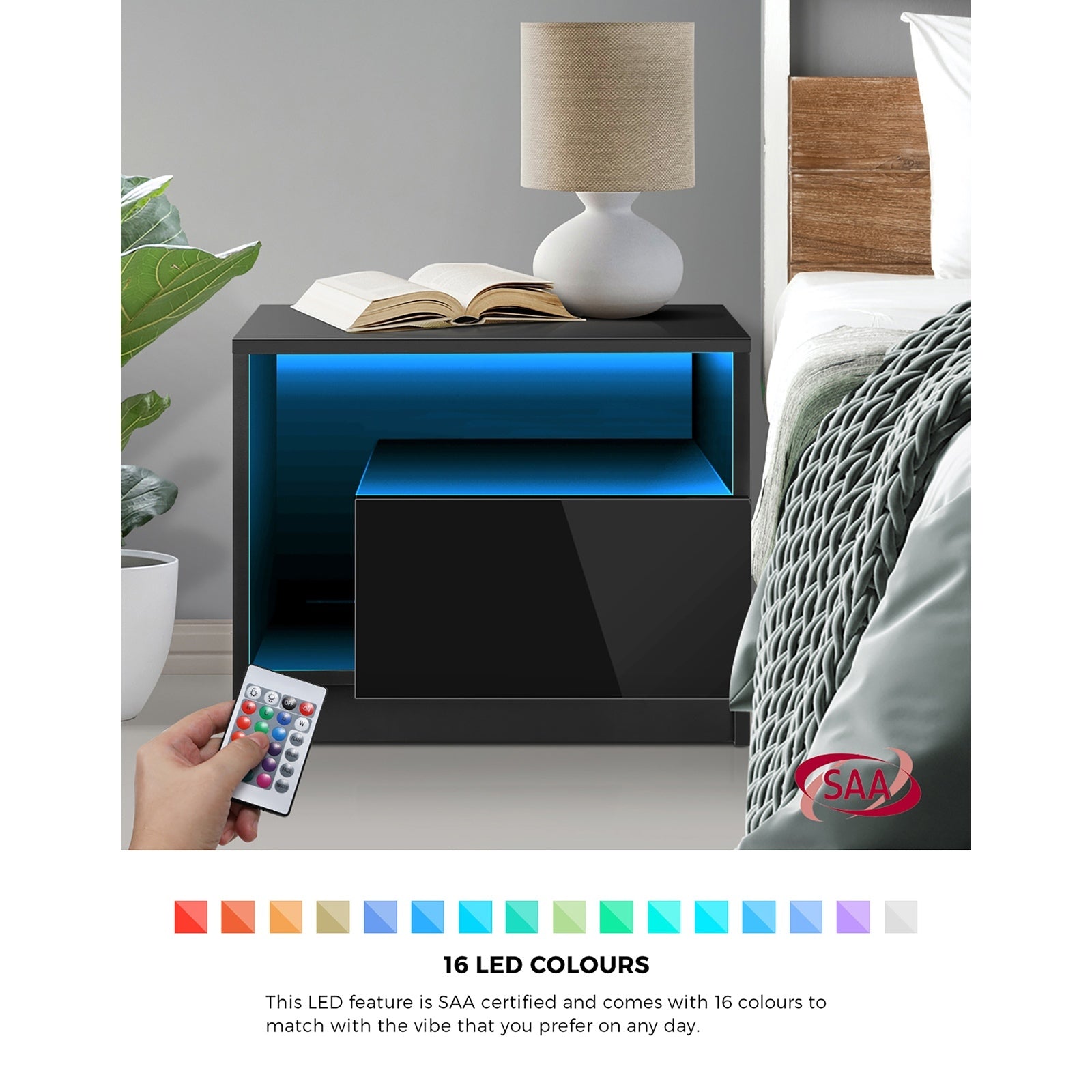 Oikiture Bedside Tables Set of 2 LED Side Table Drawers Nightstand Black - Sunyee