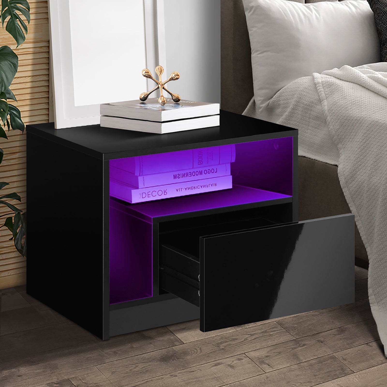 Oikiture Bedside Tables Set of 2 LED Side Table Drawers Nightstand Black - Sunyee
