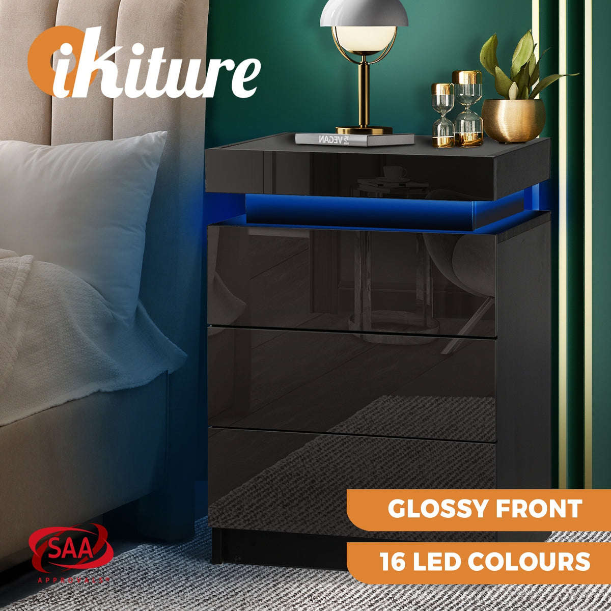 Oikiture Bedside Table RGB LED Nightstand Cabinet 2/3 Drawers Side Table - Sunyee