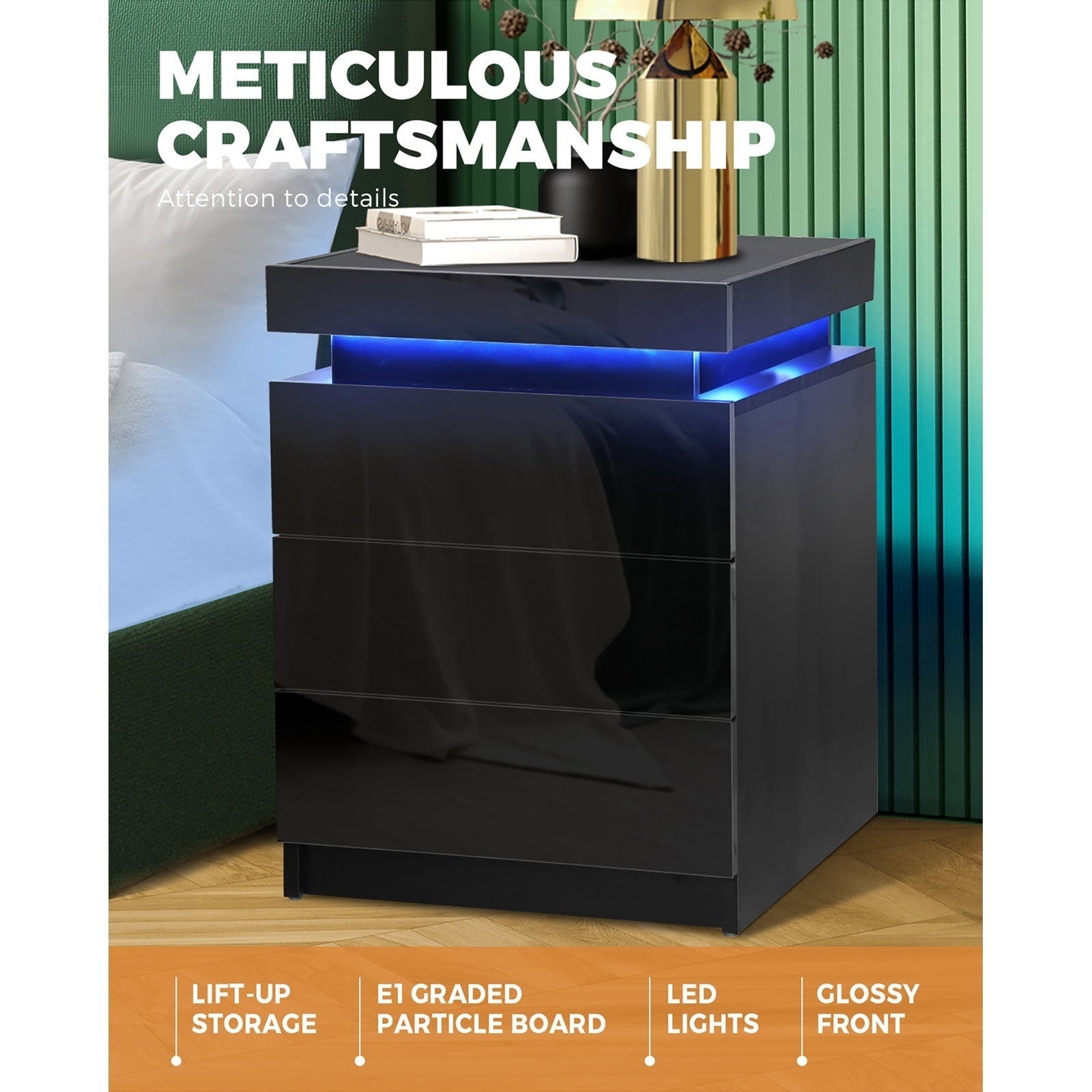 Oikiture Bedside Tables Set of 2 LED Nightstand Cabinet Side Table Black - Sunyee