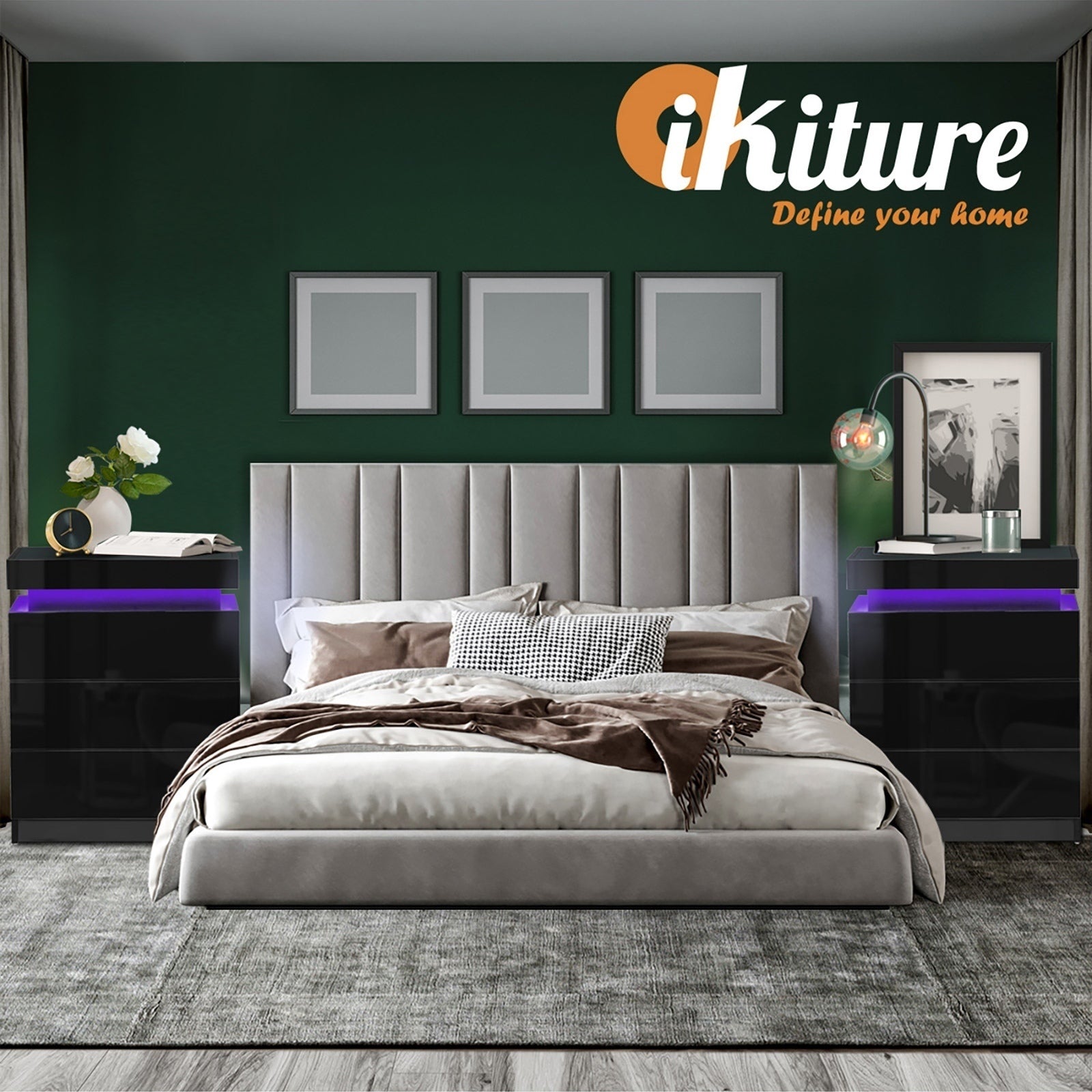 Oikiture Bedside Tables Set of 2 LED Nightstand Cabinet Side Table Black - Sunyee