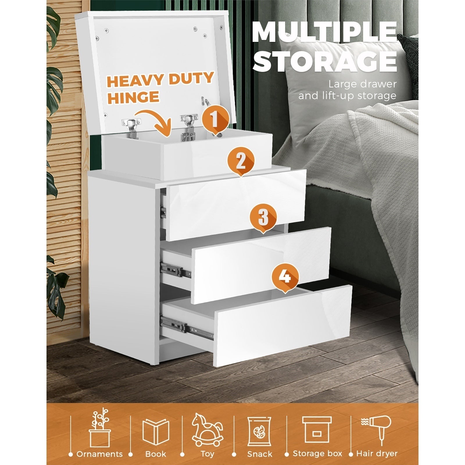Oikiture Bedside Tables Set of 2 LED Nightstand Cabinet Side Table White - Sunyee