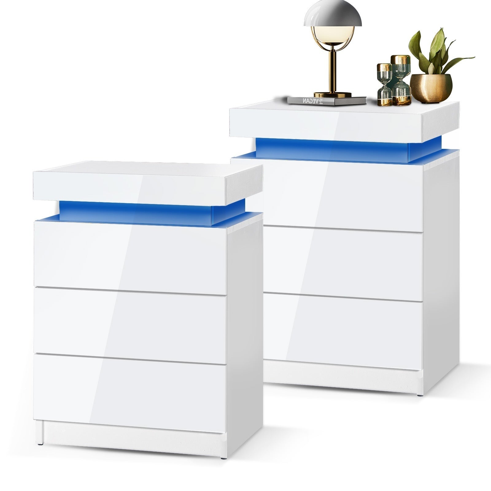 Oikiture Bedside Tables Set of 2 LED Nightstand Cabinet Side Table White - Sunyee