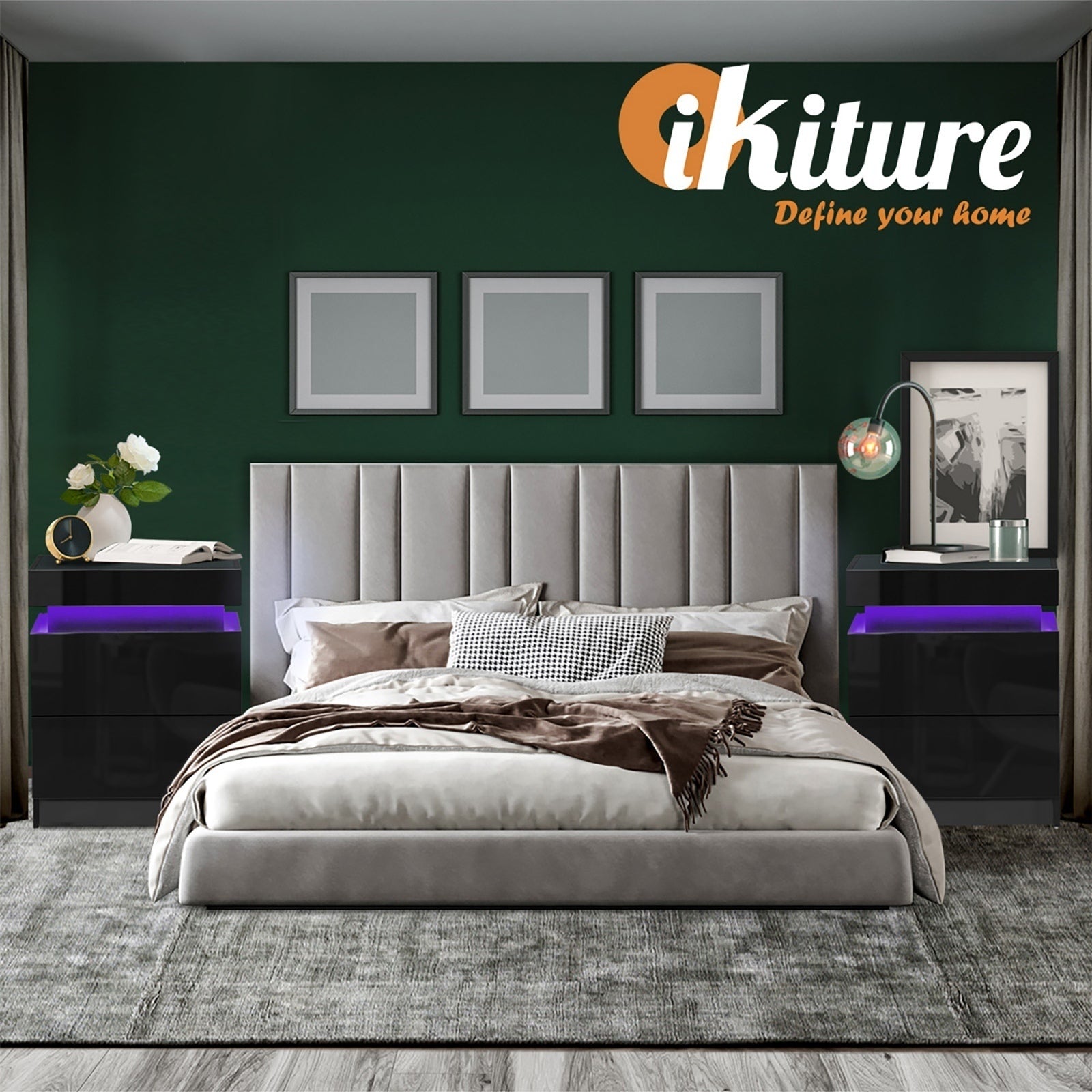 Oikiture Bedside Tables Set of 2 LED Nightstand Cabinet 2 Drawers Side Table - Sunyee