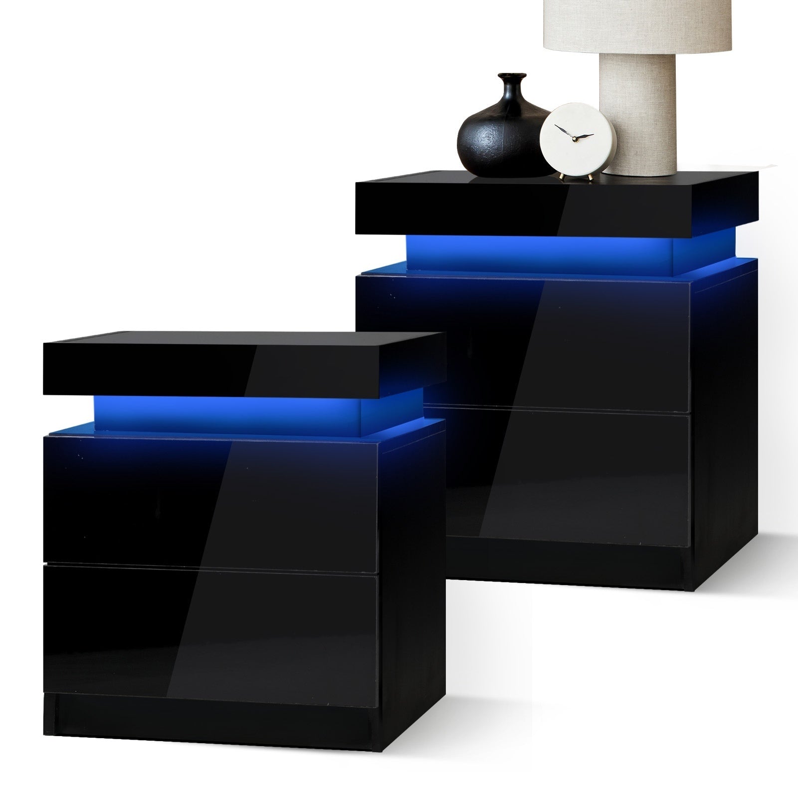 Oikiture Bedside Tables Set of 2 LED Nightstand Cabinet 2 Drawers Side Table - Sunyee