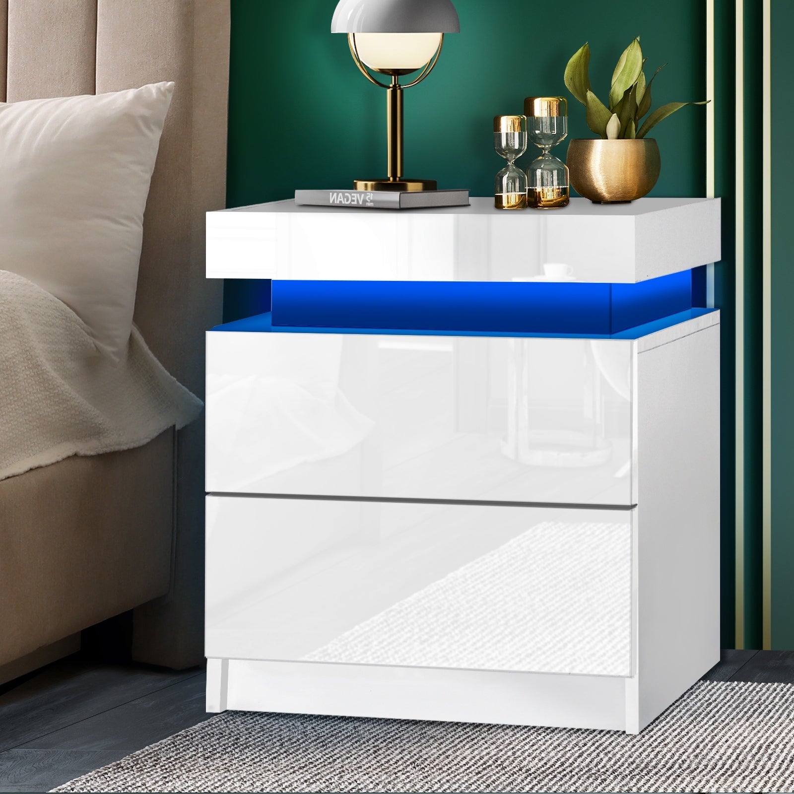 Oikiture Bedside Tables Side Table 2 Drawers RGB LED High Gloss Nightstand Cabinet - Sunyee