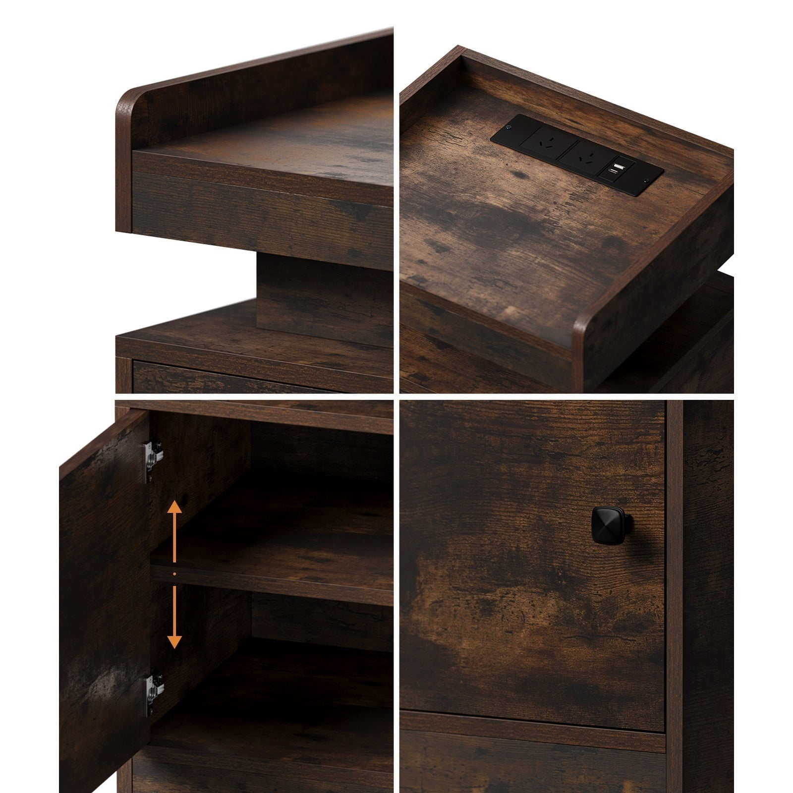 Oikiture Bedside Table LED Nightstand USB Charging Station Side Table Brown - Sunyee
