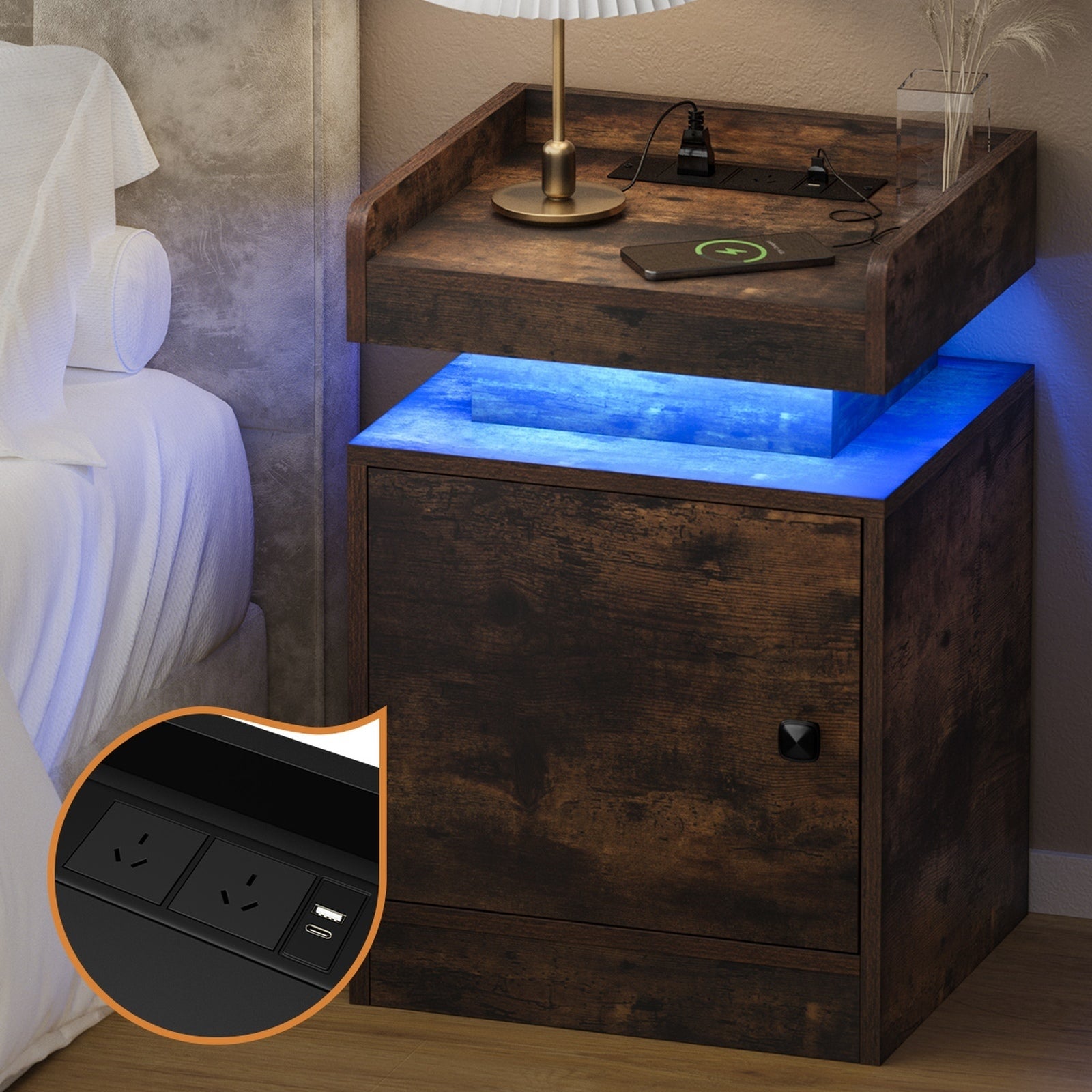 Oikiture Bedside Table LED Nightstand USB Charging Station Side Table Brown - Sunyee