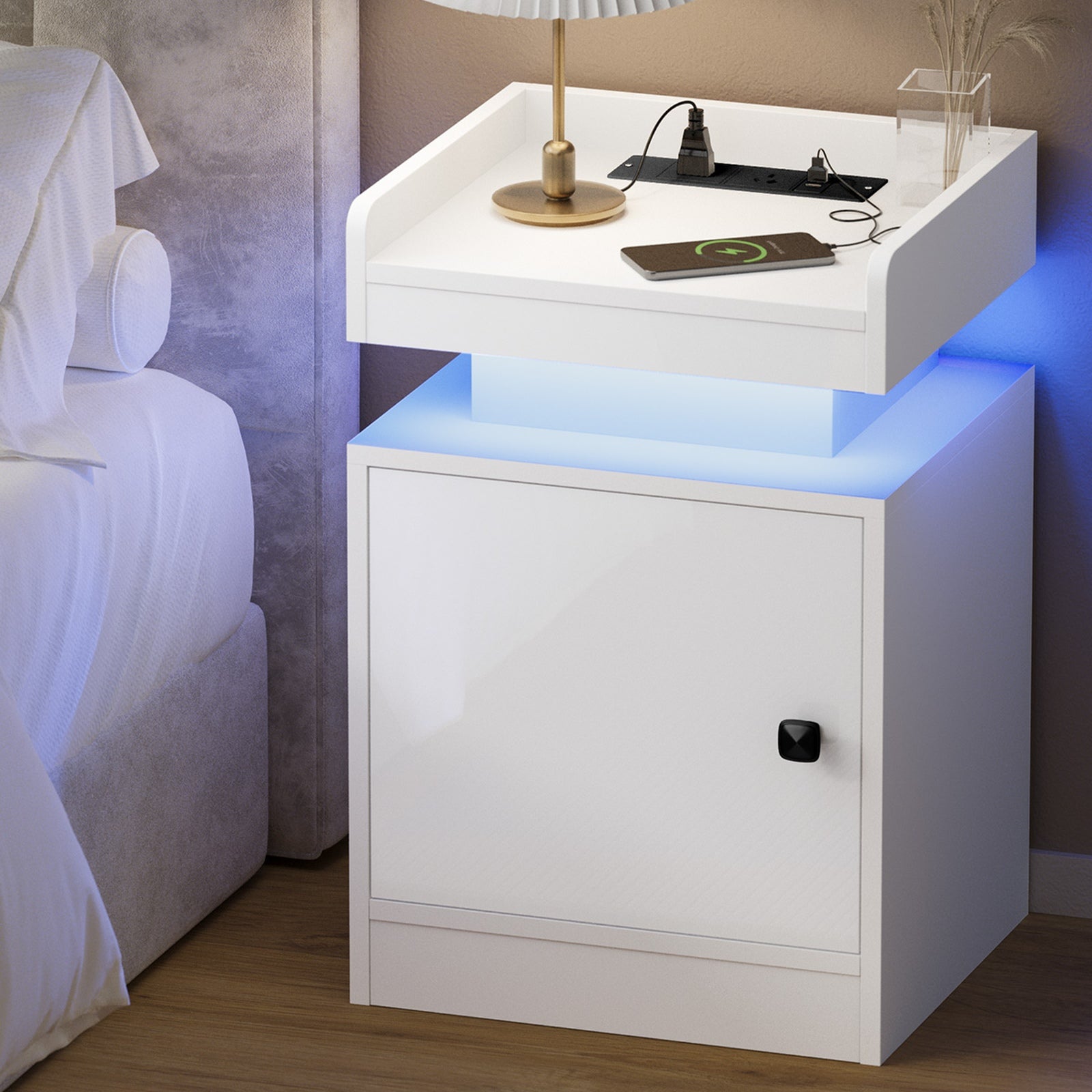 Oikiture Bedside Table LED Nightstand USB Charging Station Side Table White - Sunyee