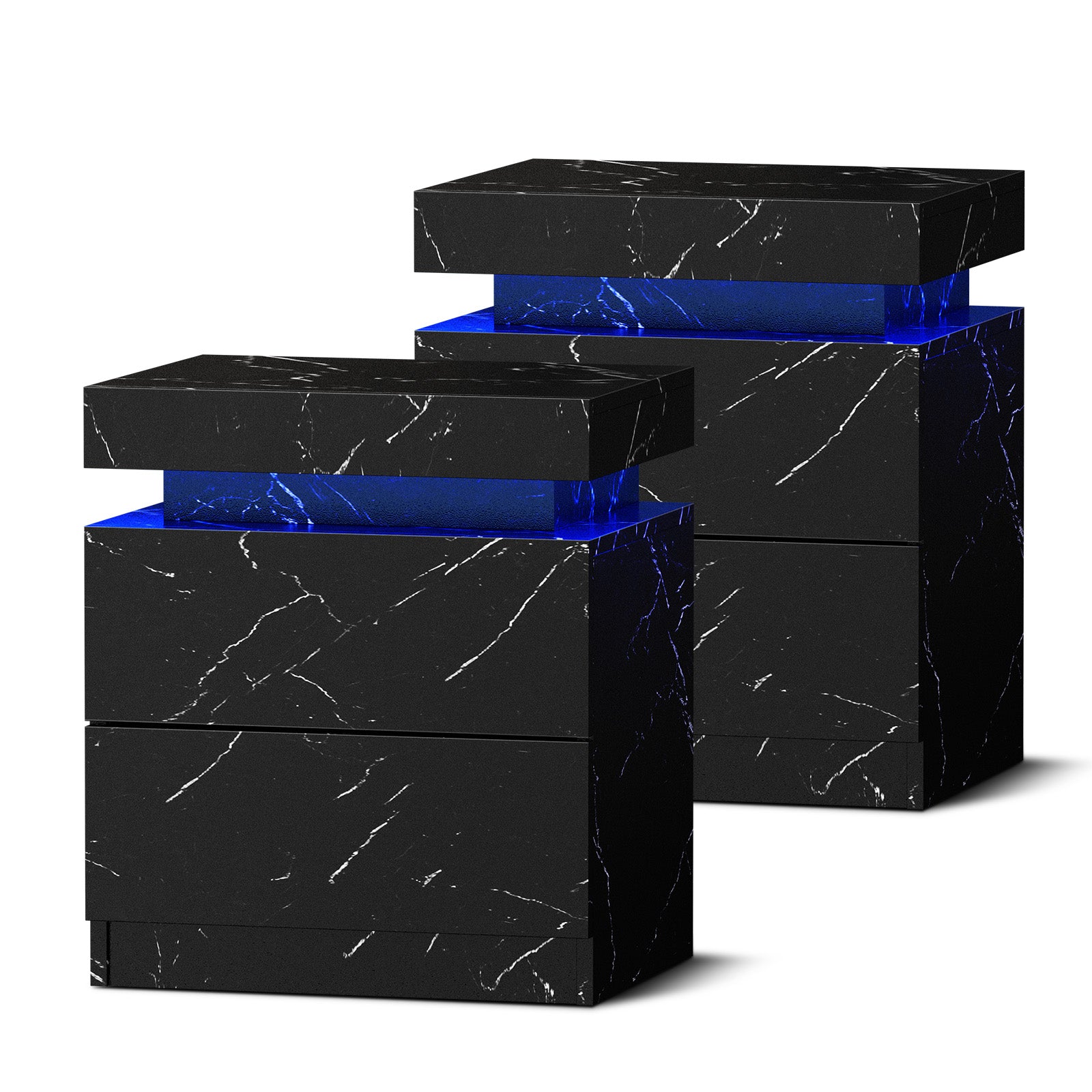 Oikiture 2x Bedside Table 2 Drawers LED Nightstand Marble Effect Black - Sunyee