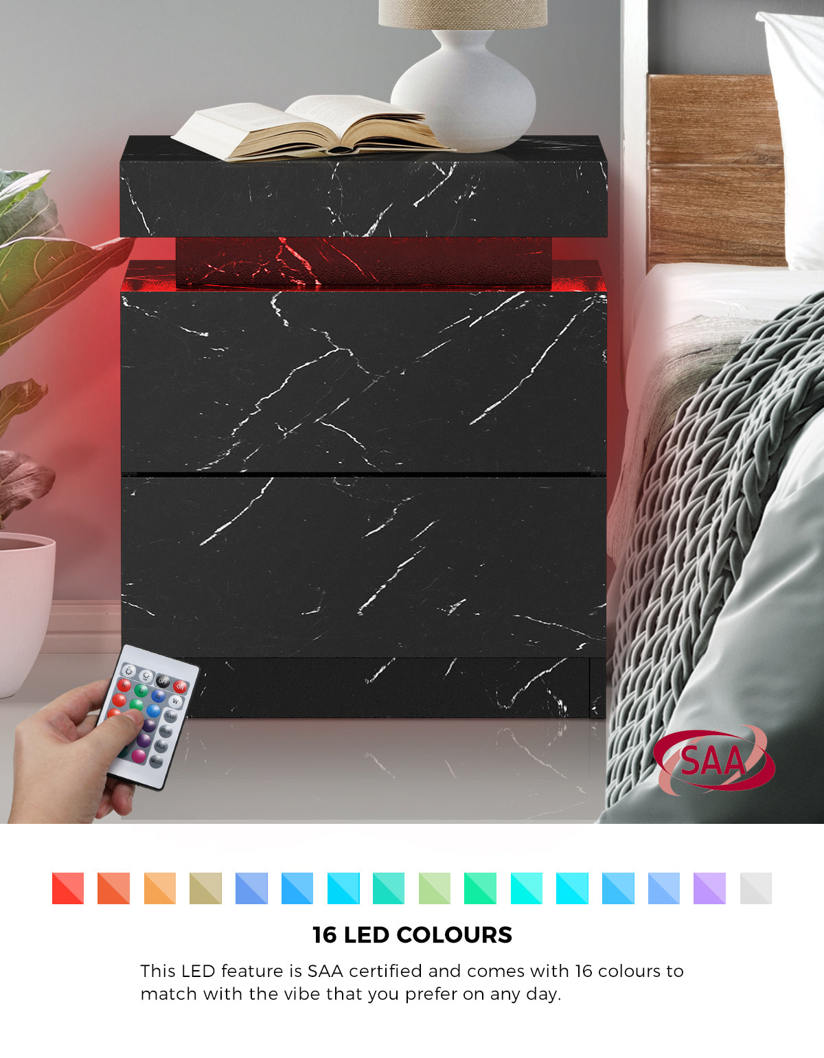 Oikiture 2x Bedside Table 2 Drawers LED Nightstand Marble Effect Black - Sunyee