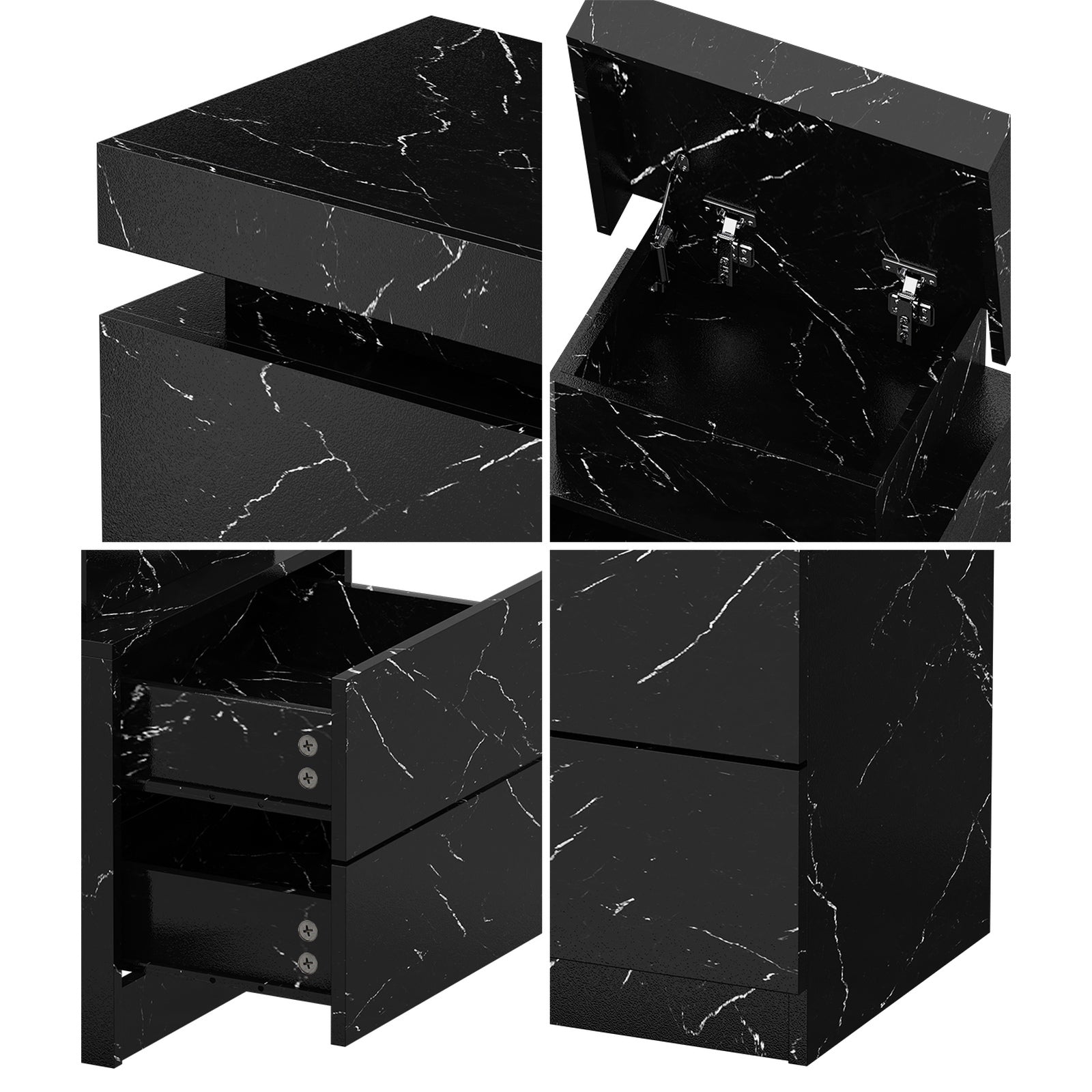 Oikiture 2x Bedside Table 2 Drawers LED Nightstand Marble Effect Black - Sunyee
