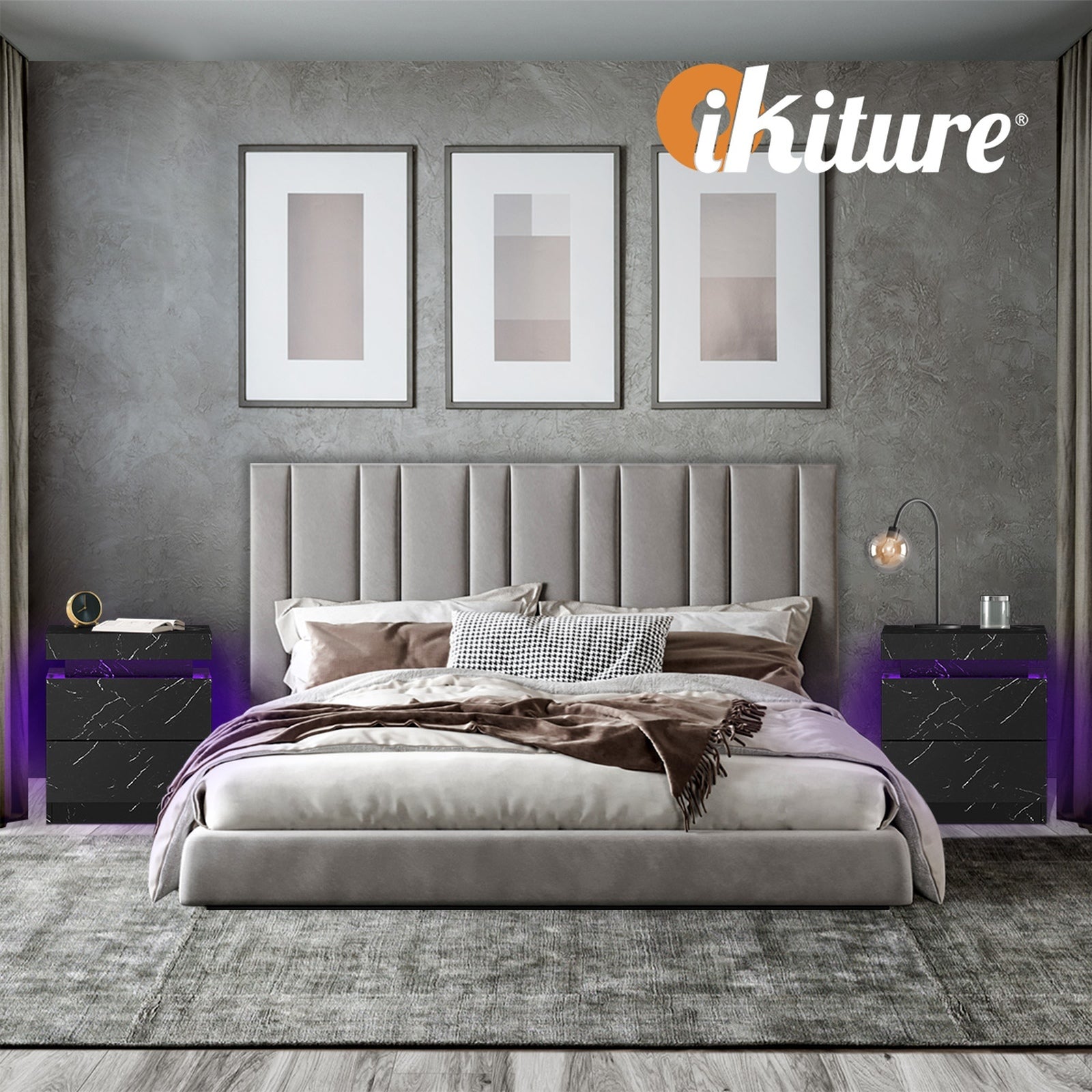 Oikiture 2x Bedside Table 2 Drawers LED Nightstand Marble Effect Black - Sunyee