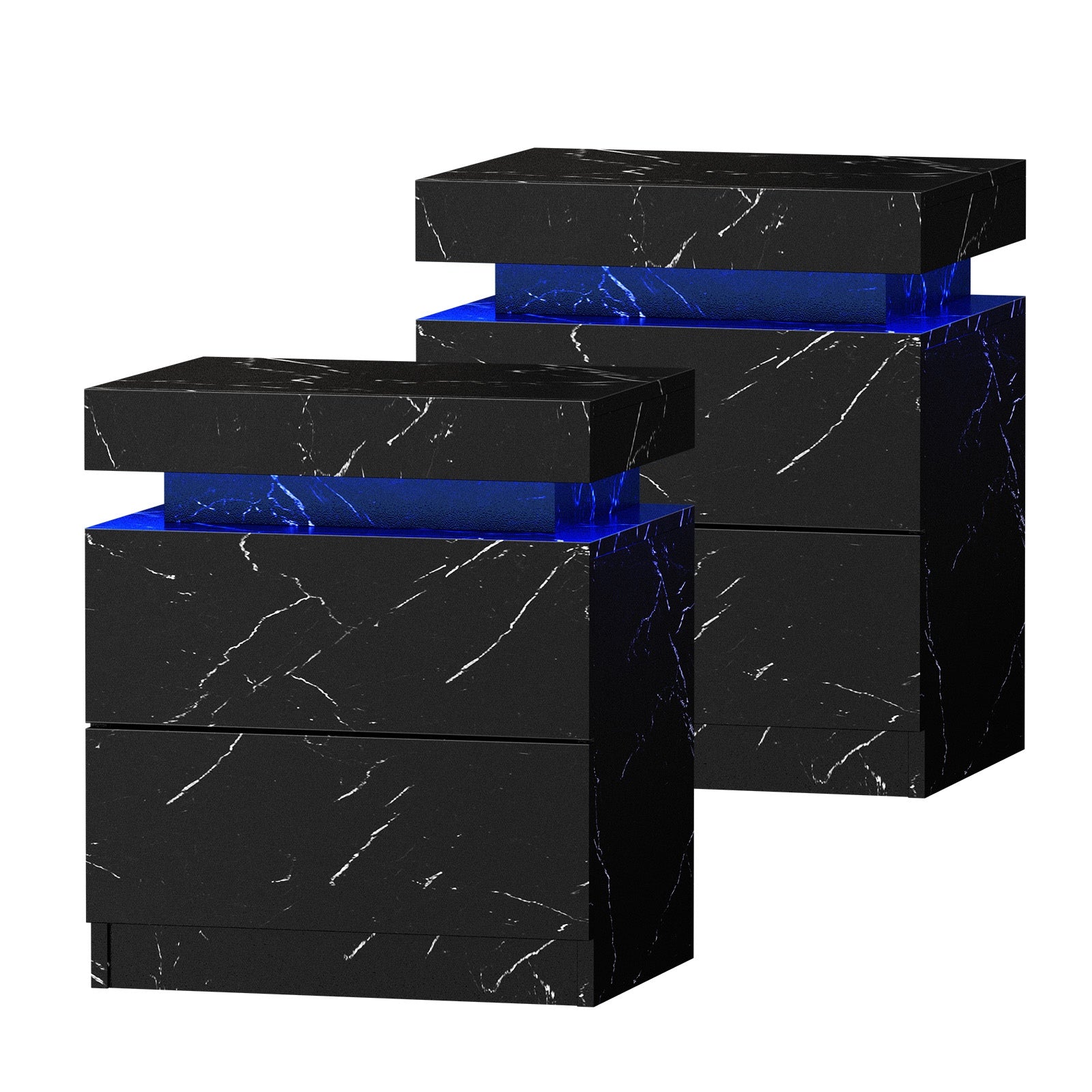 Oikiture 2x Bedside Table 2 Drawers LED Nightstand Marble Effect Black - Sunyee