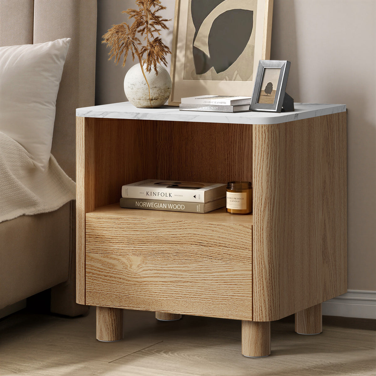 Oikiture Bedside Table Nightstand One Drawer Open Shelf Handle-Free