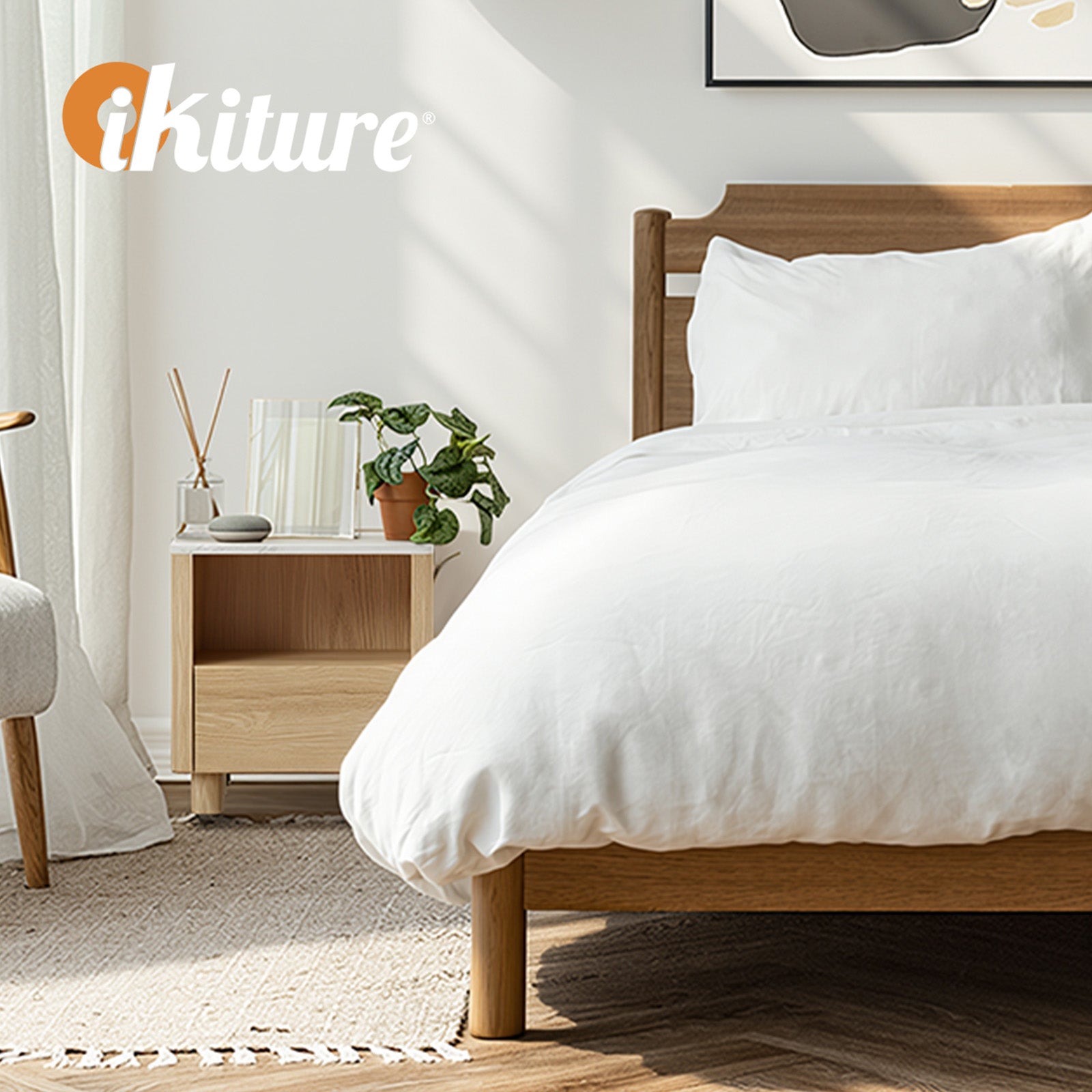 Oikiture Bedside Table Nightstand One Drawer Open Shelf Handle-Free Natural