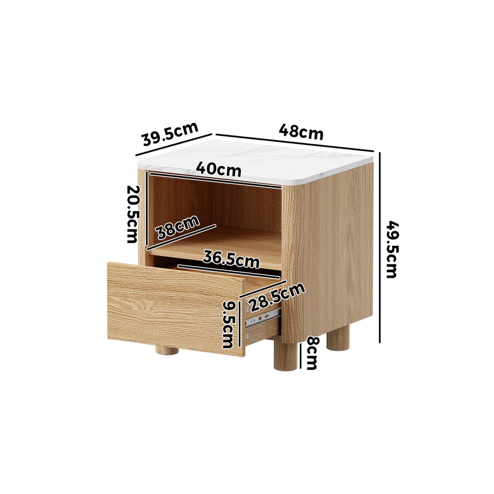Oikiture Bedside Table Nightstand One Drawer Open Shelf Handle-Free Natural