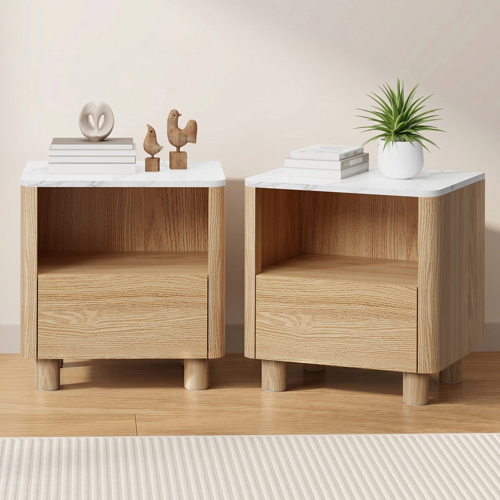 Oikiture Bedside Table Nightstand One Drawer Open Shelf Handle-Free Natural